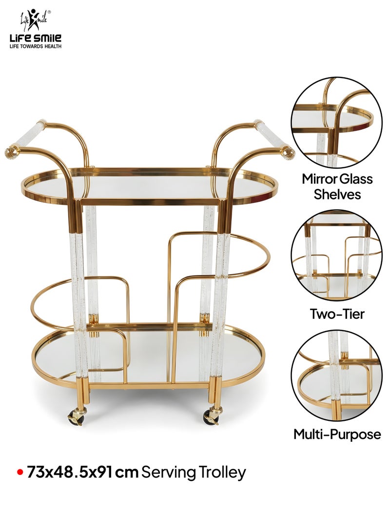 Life Smile Luxury Gold 2-Tier Round Bar Cart with Mirror Glass Shelves – 73x48.5x91 cm Rolling Serving Trolley with Handles – Modern Multi-Purpose Food Storage Trolley - Image 2