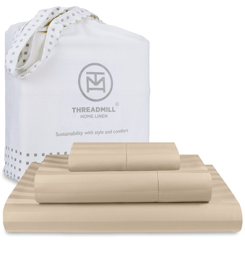 Threadmill Threadmill 500 Thread Count Twin Size Damask Stripe  3 Pc Luxury Cotton Bedding Set  Breathable Light Beige Sheets with 15"" Elasticized Deep Pocket  1 Pillowcase & Free Tote Bag  - Image 1