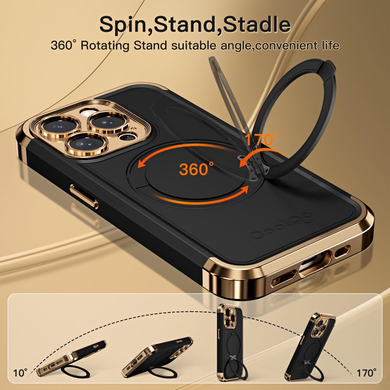 COOLQO for iPhone 14 Pro Max Case 6.7'' Upgraded 360Â° Spin Magnetic Stand [Compatible with Magsafe][Military Protection] Shockproof Protective Phone Holder Cover for iPhone 14 Pro Max, Black Gold - Image 3