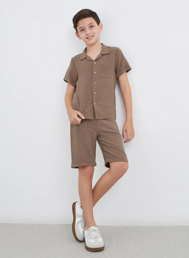 Styli Styli Linen Look Plain Shirt and Shorts Set