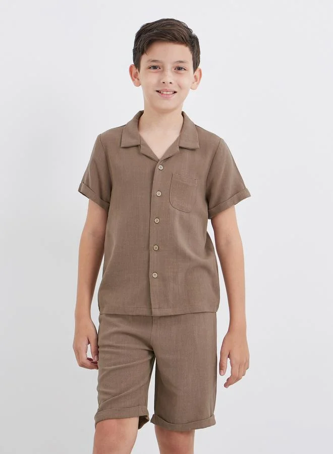 Styli Styli Linen Look Plain Shirt and Shorts Set