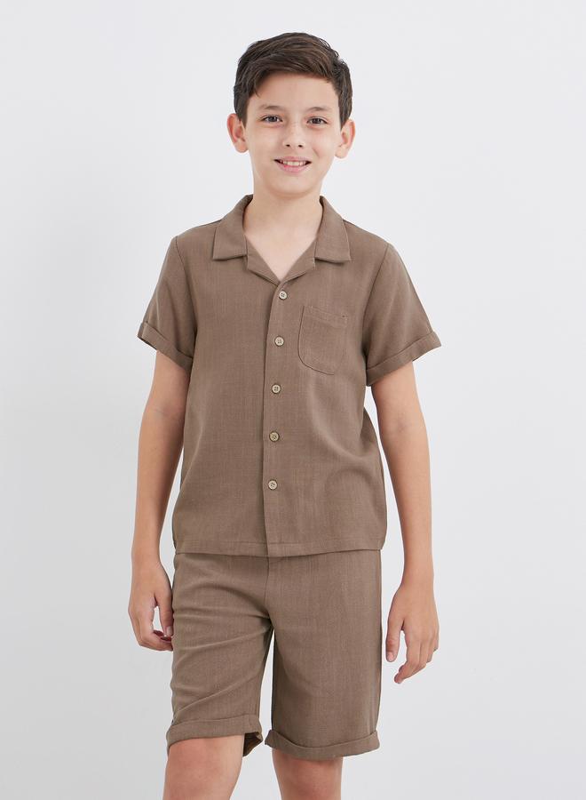 Styli Linen Look Plain Shirt and Shorts Set - Image 2