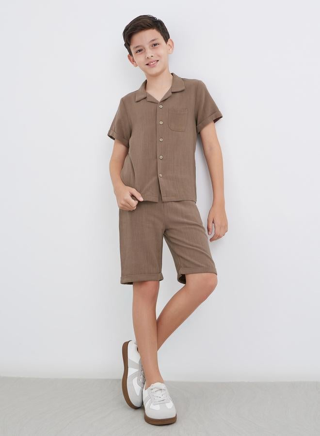 Styli Linen Look Plain Shirt and Shorts Set - Image 1