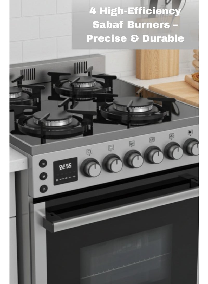 جينيرال جولد طباخ غاز جنرال جولد 60×60 سم قائم بذاته مع فرن غاز، 4 شعلات ساباف، مؤقت رقمي، باب زجاجي مزدوج، مروحة توربو، سطح زجاجي أسود، طلاء من الفولاذ المقاوم للصدأ، جاهز للعمل بالغاز المسال - Image 3