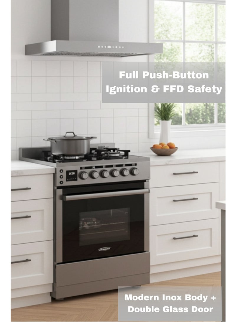 جينيرال جولد طباخ غاز جنرال جولد 60×60 سم قائم بذاته مع فرن غاز، 4 شعلات ساباف، مؤقت رقمي، باب زجاجي مزدوج، مروحة توربو، سطح زجاجي أسود، طلاء من الفولاذ المقاوم للصدأ، جاهز للعمل بالغاز المسال - Image 4