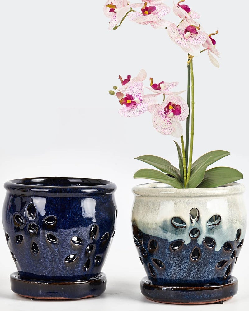 vensovo 4 Inch Ceramic Orchid Pots with Holes and Saucers 2 Pcs Small Succulent Pot for Repotting Garden Flowerpots for Plants Indoor and Outdoor Promotes Air Circulation Blue Blue Mixed