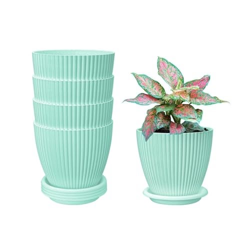 INKULTURE Plastic Round Flower Pots with Tray for Home Planters, Terrace, Garden Etc | Pack of 05 | Blue | Size 6.5 Inch | for Home Indoor & Outdoor Gardening Plants - Image 1