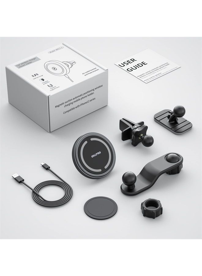 OHLPRO Magnetic Wireless Car Charger Compatible with MagSafe Car Mount Secure Stick On Dashboard and Air Vent Clamp Phone Holder 15W Fast Charging, Specially esigned for iPhone 14/13/12 Series Phones（Grey） 