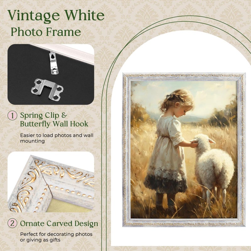 TWING 11x14 Picture Frame,Display 8x10 Photo with Mat or 11x14 without Mat,Ornate Vintage 11 x 14 Photo Frames for Wall Mounting,Vintage White,1 Pack - Image 4