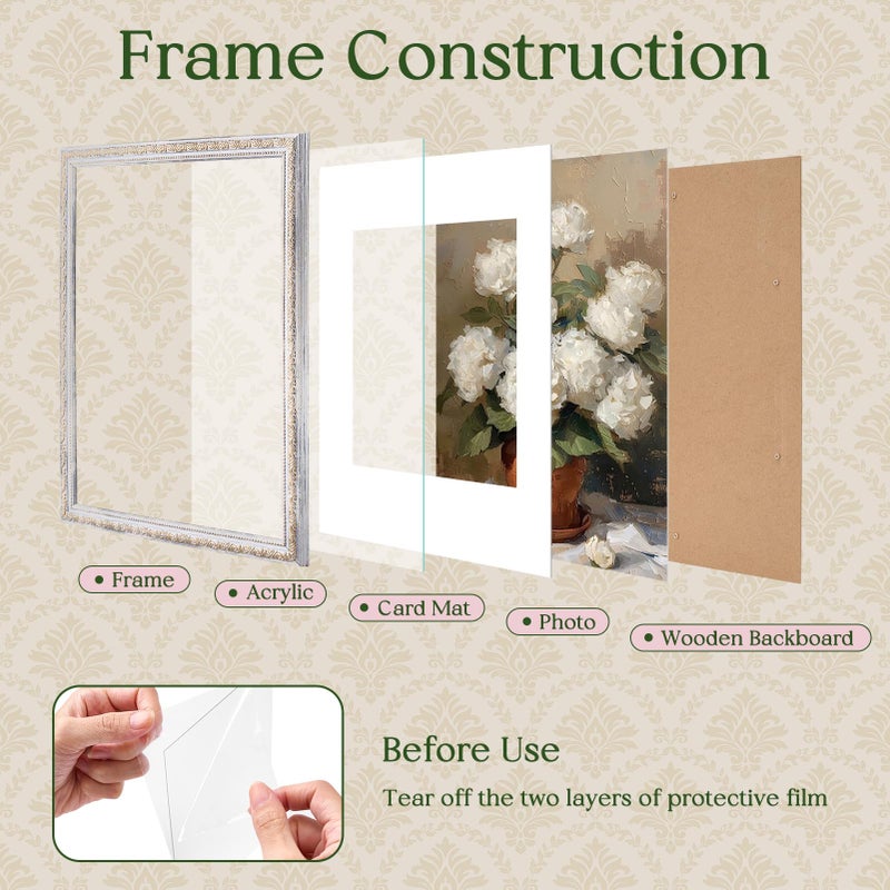 TWING 11x14 Picture Frame,Display 8x10 Photo with Mat or 11x14 without Mat,Ornate Vintage 11 x 14 Photo Frames for Wall Mounting,Vintage White,1 Pack - Image 3