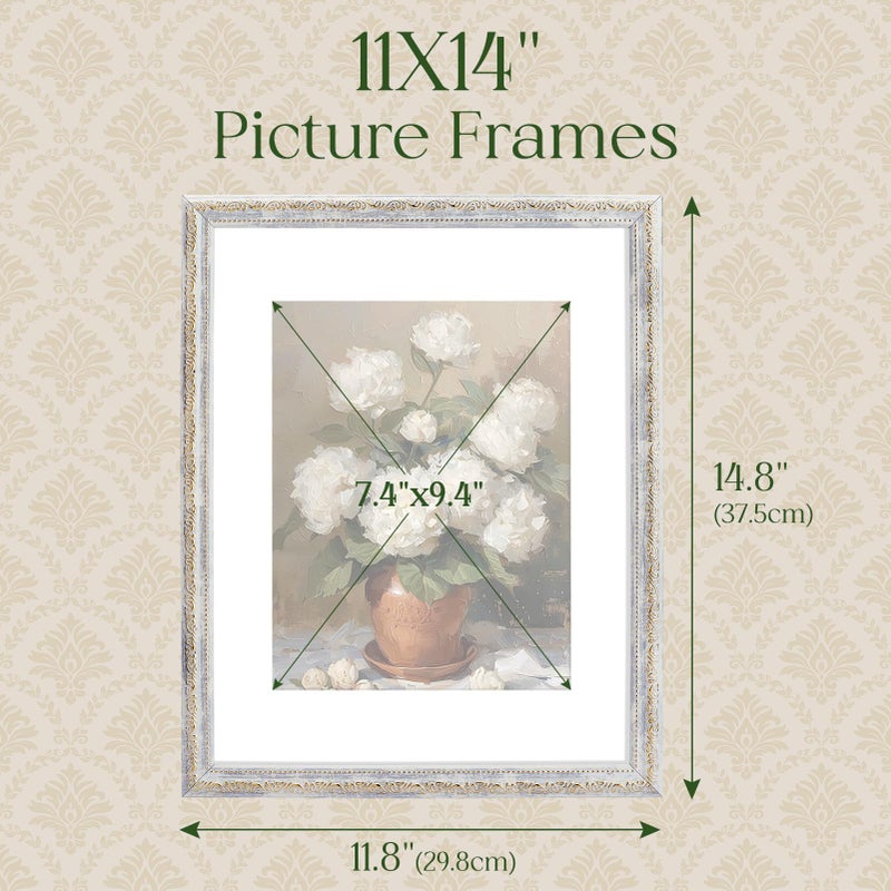 TWING 11x14 Picture Frame,Display 8x10 Photo with Mat or 11x14 without Mat,Ornate Vintage 11 x 14 Photo Frames for Wall Mounting,Vintage White,1 Pack - Image 2