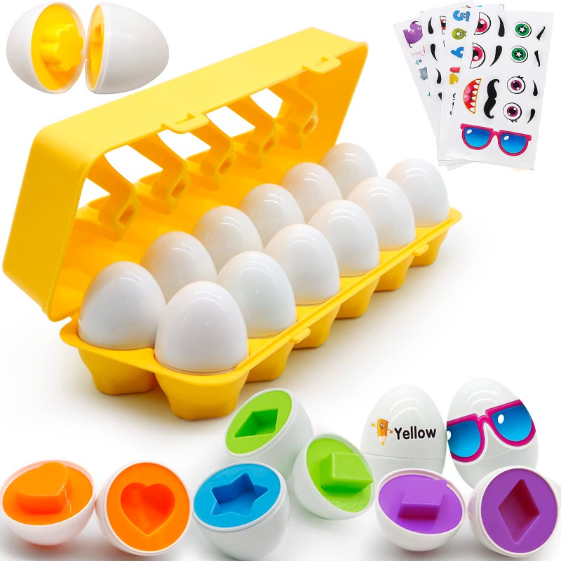 MOONTOY Matching Eggs for Toddlers 1-3, 12PCS Preschool Educational Learning Color & Shape Sorter Sensory Montessori Toy Toddler Easter Eggs Basket Stuffers Gift for 1 2 3 Year Old Kid Baby Boy Girl - Image 1