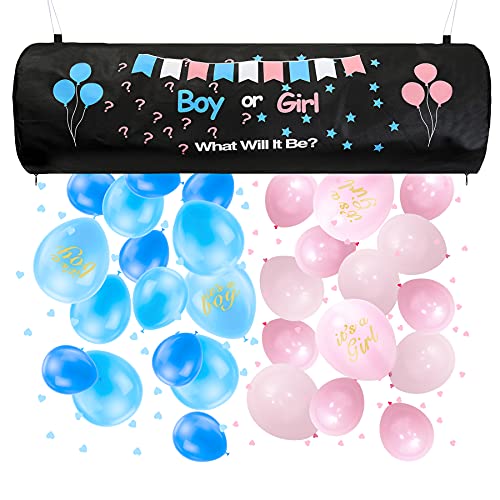 Tenshun Gender Reveal Kit Includes 1 Balloon Drop Bag 40 Pink Blue Balloons 1 Pack of Pink Blue Confetti 1 Hand Air Pump 2 White Ribbons 2 Hooks 1 Glue Dot - Image 1