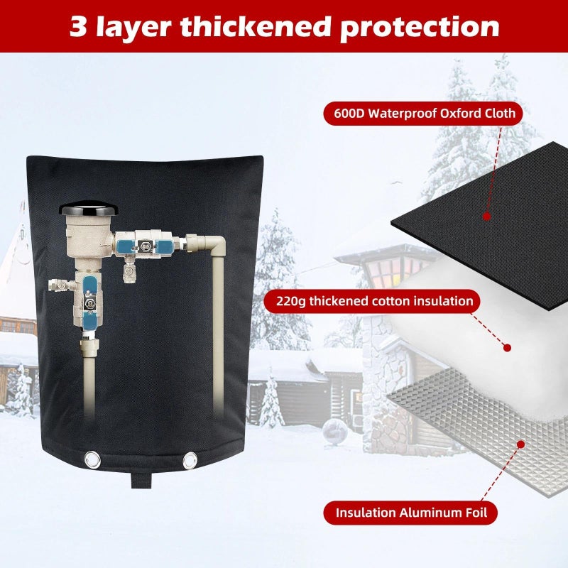 bruwaa Backflow Preventer Cover Insulated 16" x 20", Winter Freeze Protection Pipe Insulation Cover, Waterproof 600D Oxford Sprinkler Valve Cover with Bonus Zip Ties, Black Pouch - Image 3