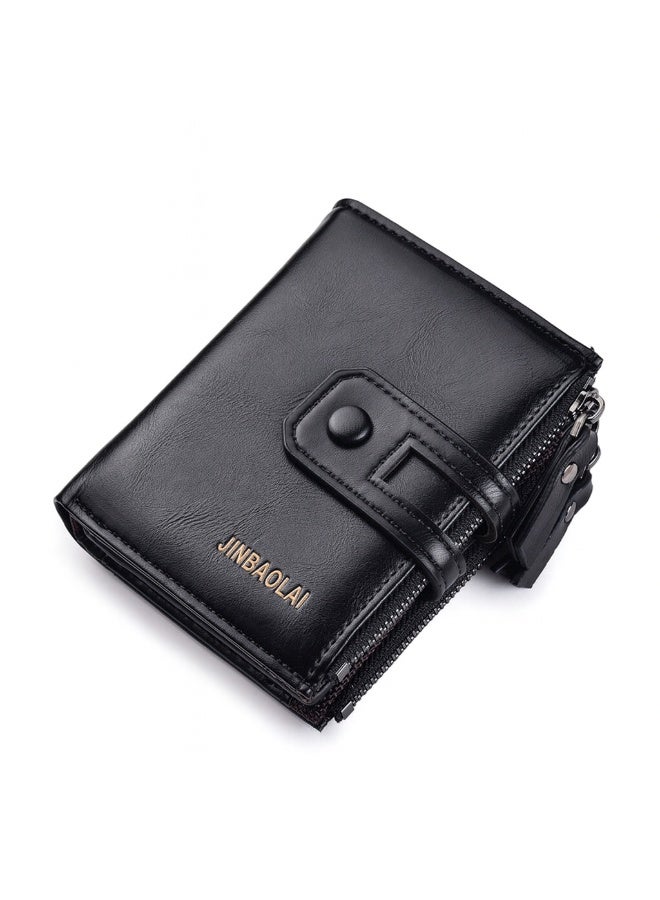 JINBAOLAI Men's Zippered Leather Wallet Black - Image 1