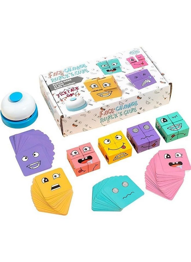 Sky Tech Sky Tech® Face Changing Cube Building Blocks Puzzle, Wooden Face Expression Toy, Educational Face Matching Family Board Game (16 Wooden Puzzles and 72 Cards) (with Bell)  - Image 1