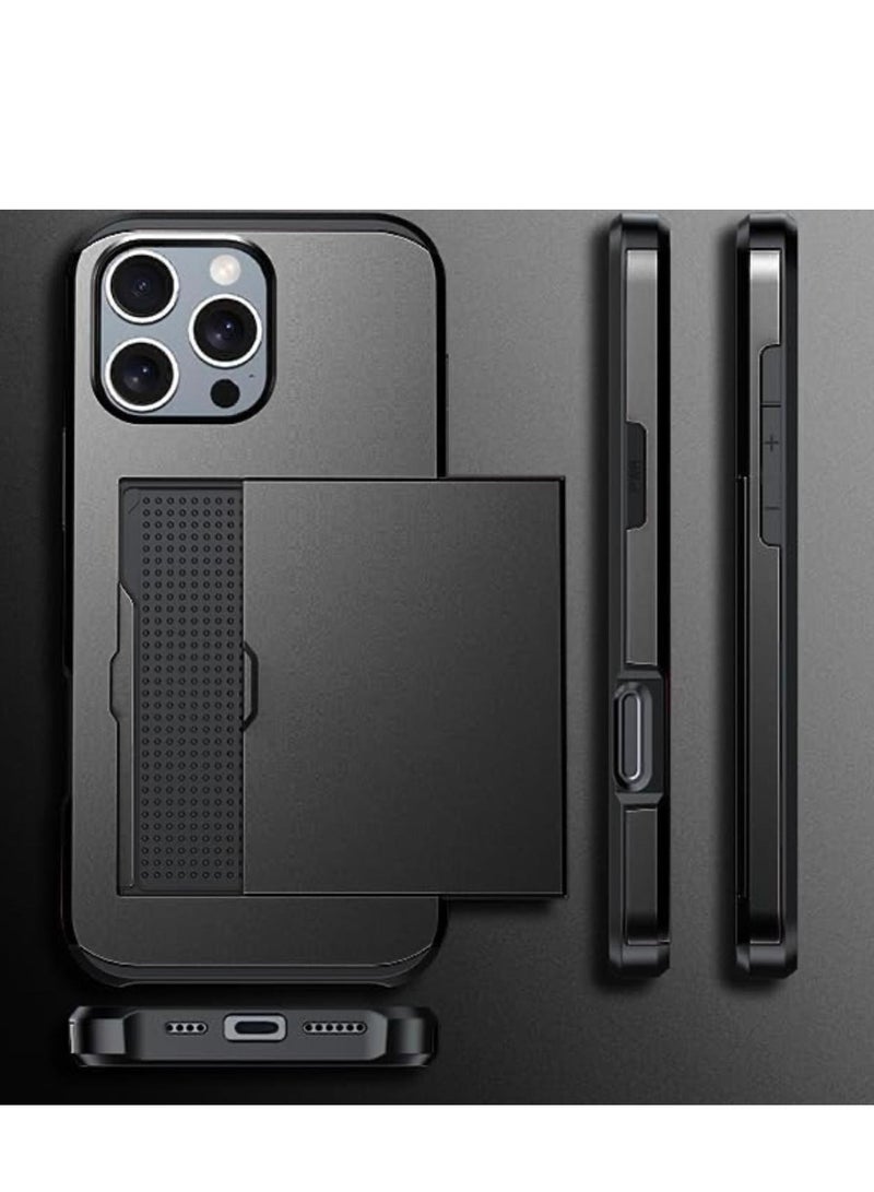 GULFLINK iPhone 15 Pro Case with Card Holder Heavy Duty Protective Dual Layer Shockproof Hidden Card Slot Wallet Case Black - Image 2