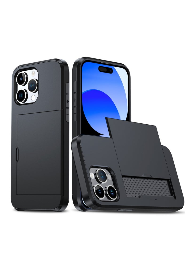GULFLINK iPhone 15 Pro Case with Card Holder Heavy Duty Protective Dual Layer Shockproof Hidden Card Slot Wallet Case Black - Image 1