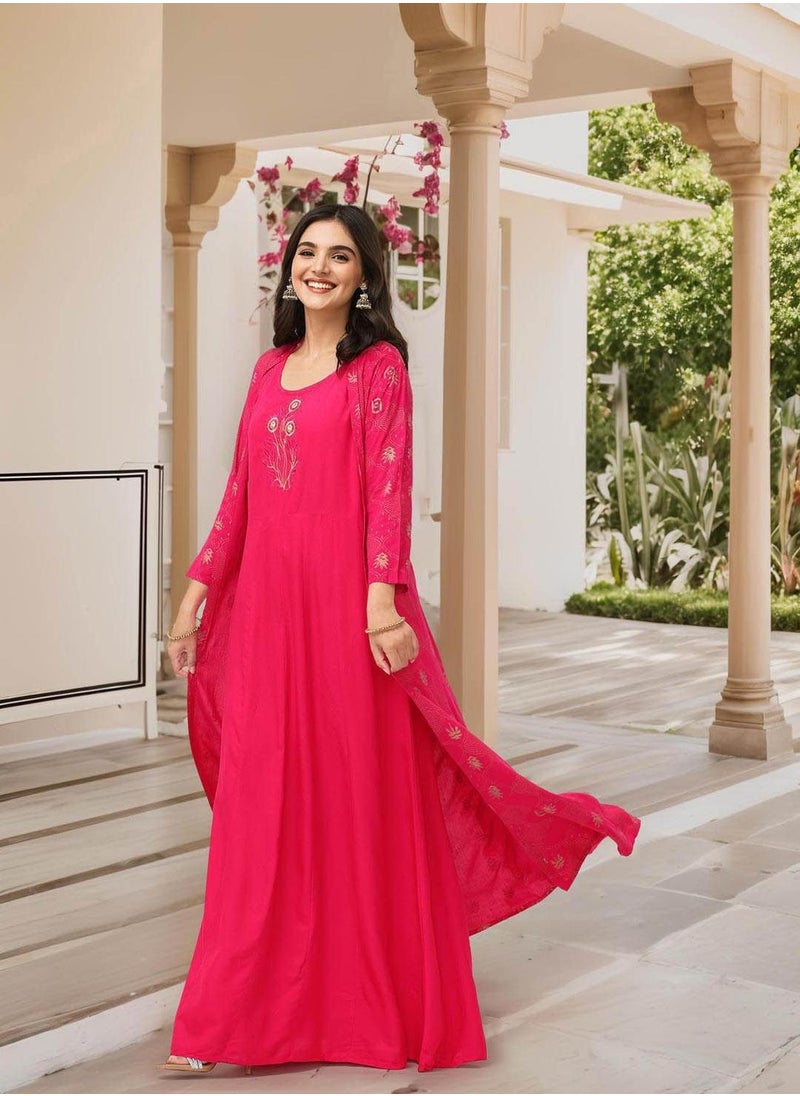 ISHIN - Women's Pink 100% Cotton Embellished Tunic Full Length Palazzo Straight Fit Kurta Set - Image 1