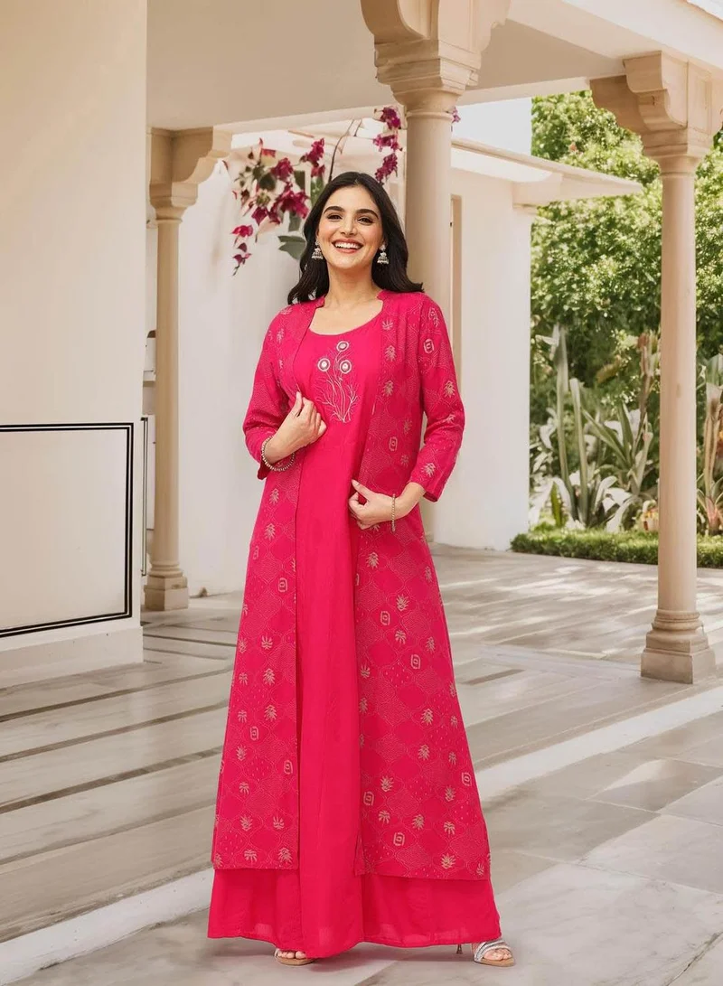 ISHIN Women's Pink 100% Cotton Embellished Tunic Full Length Palazzo Straight Fit Kurta Set