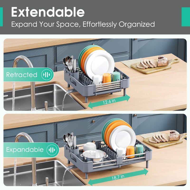 TOOLF Dish Drying Rack with Drainboard, Extendable Dish Rack for Kitchen Counter, Expandable Dish Drainer, Dish Strainer, Foldable Home Countertop Plate Storage Rack with Cutlery Holder, Gray - Image 2