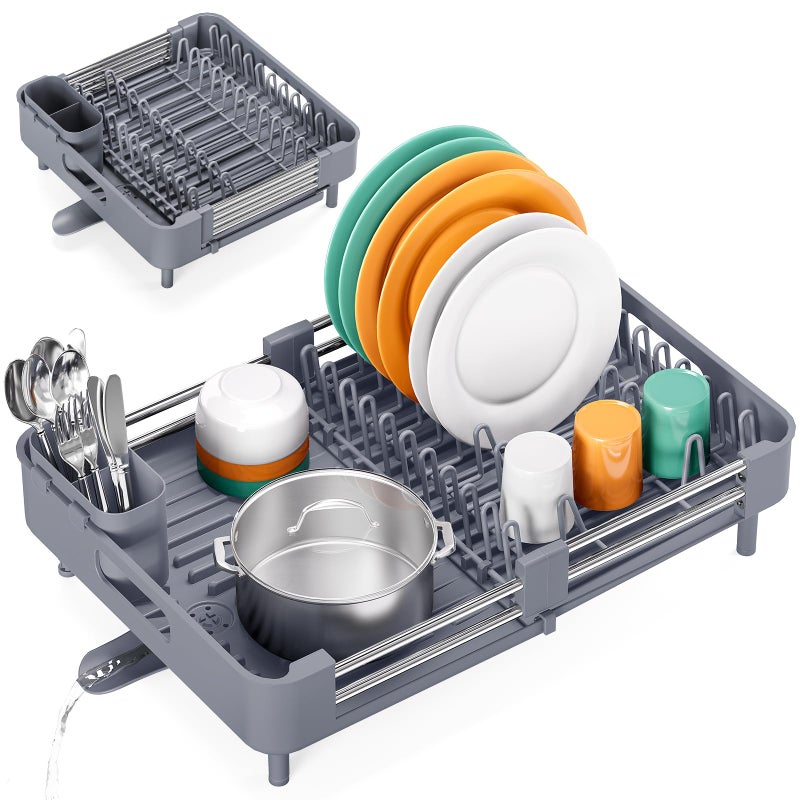 TOOLF Dish Drying Rack with Drainboard, Extendable Dish Rack for Kitchen Counter, Expandable Dish Drainer, Dish Strainer, Foldable Home Countertop Plate Storage Rack with Cutlery Holder, Gray - Image 1