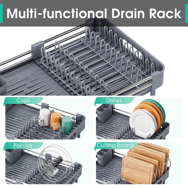 TOOLF Dish Drying Rack with Drainboard, Extendable Dish Rack for Kitchen Counter, Expandable Dish Drainer, Dish Strainer, Foldable Home Countertop Plate Storage Rack with Cutlery Holder, Gray - Image 4
