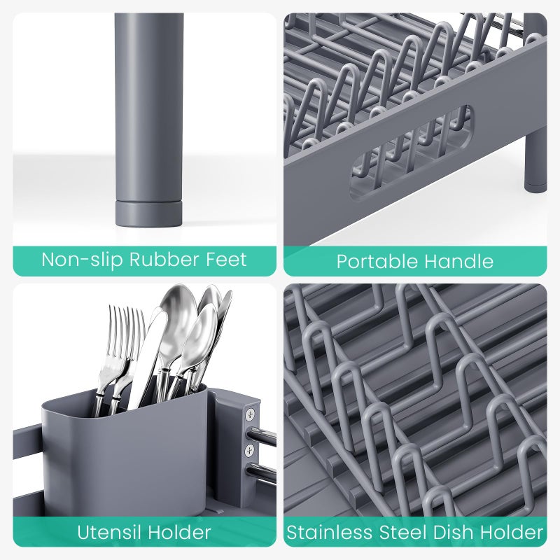 TOOLF Dish Drying Rack with Drainboard, Extendable Dish Rack for Kitchen Counter, Expandable Dish Drainer, Dish Strainer, Foldable Home Countertop Plate Storage Rack with Cutlery Holder, Gray - Image 5