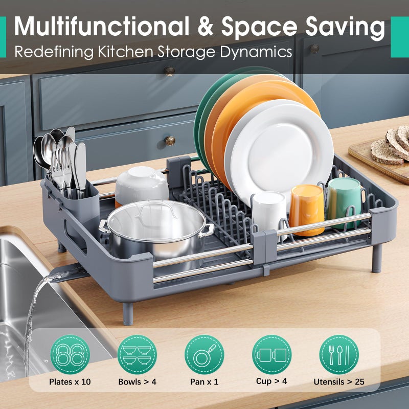 TOOLF Dish Drying Rack with Drainboard, Extendable Dish Rack for Kitchen Counter, Expandable Dish Drainer, Dish Strainer, Foldable Home Countertop Plate Storage Rack with Cutlery Holder, Gray - Image 3