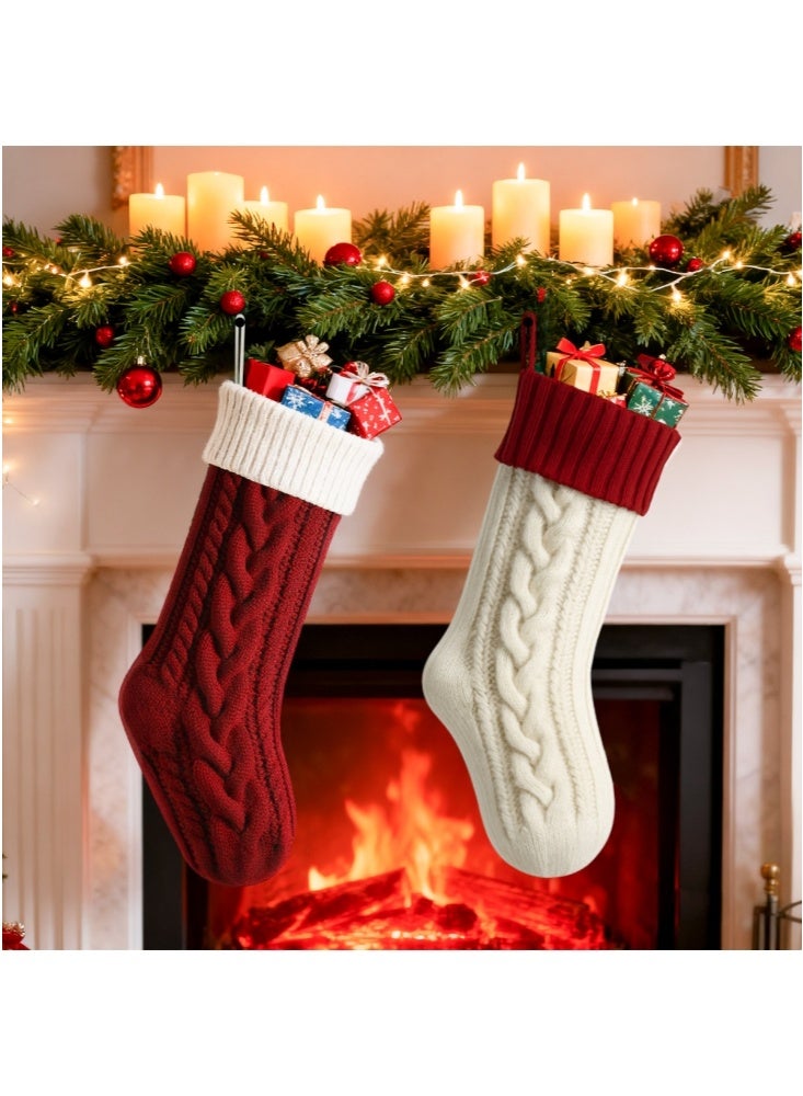 GGEROU 2Pcs Christmas Stockings 18 Inches Classic Cable Knitted Set Large Classic Fireplace Hanging Stockings Red - Image 2