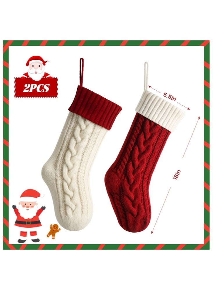 GGEROU 2Pcs Christmas Stockings 18 Inches Classic Cable Knitted Set Large Classic Fireplace Hanging Stockings Red - Image 4