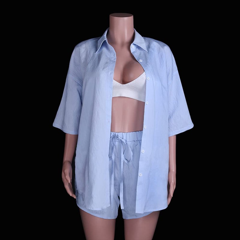 Fixmatti Women Button up Short Sets 2 Piece Outfits Button Down Shirt Shorts Sleeve Sweatsuit Blue XL - Image 5