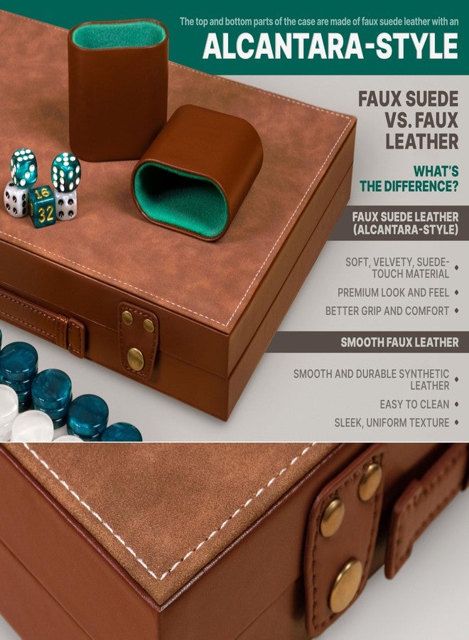 Queensell Luxury Backgammon Set - Green Edition with Cognac Alcantara Case and Velvet Interior - Image 2