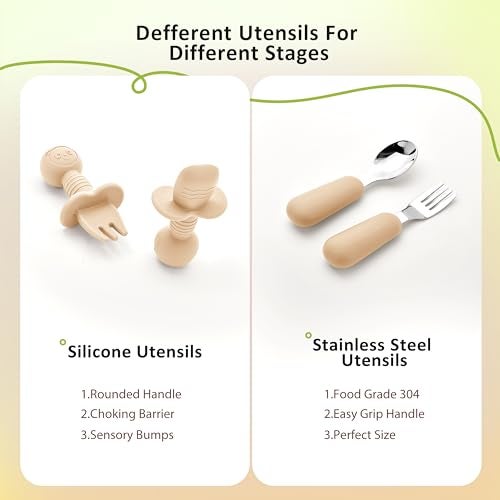 Bufims Silicone Baby Feeding Set, Baby Led Weaning Supplies, Eating Essentials Utensils with Suction Plate and Bowl, Pocket Bib, Sippy Cup with Lid, Forks Spoons Snack Container, for 6+ Months, Beige - Image 5