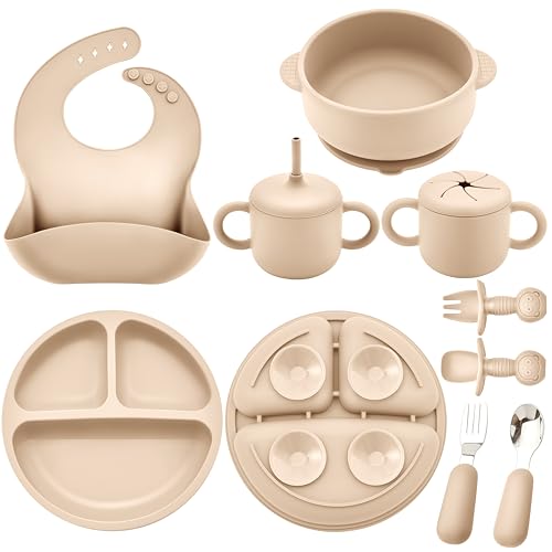 Bufims Silicone Baby Feeding Set, Baby Led Weaning Supplies, Eating Essentials Utensils with Suction Plate and Bowl, Pocket Bib, Sippy Cup with Lid, Forks Spoons Snack Container, for 6+ Months, Beige - Image 1