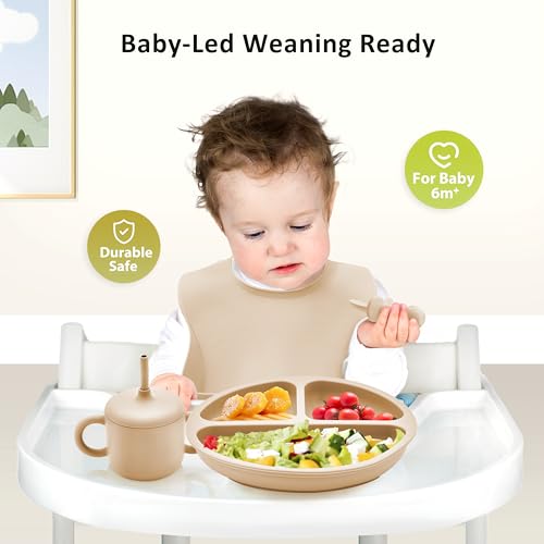 Bufims Silicone Baby Feeding Set, Baby Led Weaning Supplies, Eating Essentials Utensils with Suction Plate and Bowl, Pocket Bib, Sippy Cup with Lid, Forks Spoons Snack Container, for 6+ Months, Beige - Image 2