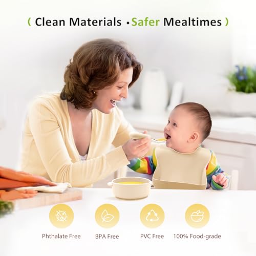 Bufims Silicone Baby Feeding Set, Baby Led Weaning Supplies, Eating Essentials Utensils with Suction Plate and Bowl, Pocket Bib, Sippy Cup with Lid, Forks Spoons Snack Container, for 6+ Months, Beige - Image 3
