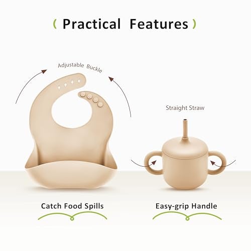 Bufims Silicone Baby Feeding Set, Baby Led Weaning Supplies, Eating Essentials Utensils with Suction Plate and Bowl, Pocket Bib, Sippy Cup with Lid, Forks Spoons Snack Container, for 6+ Months, Beige - Image 4