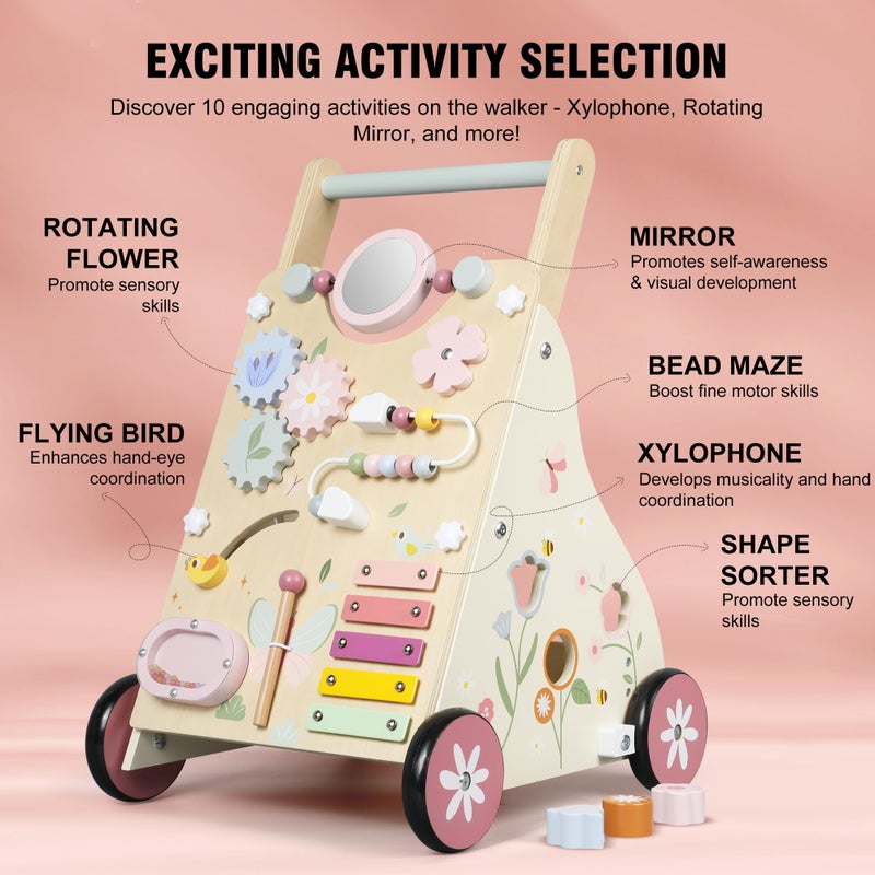 Pithfor Wooden Baby Walker, Baby Push Walker, Push Walker Toys for Babies Learning to Walk & Sit-to-Stand, with Montessori Sensory Toy & Activity Center for Girls Boys - Image 2