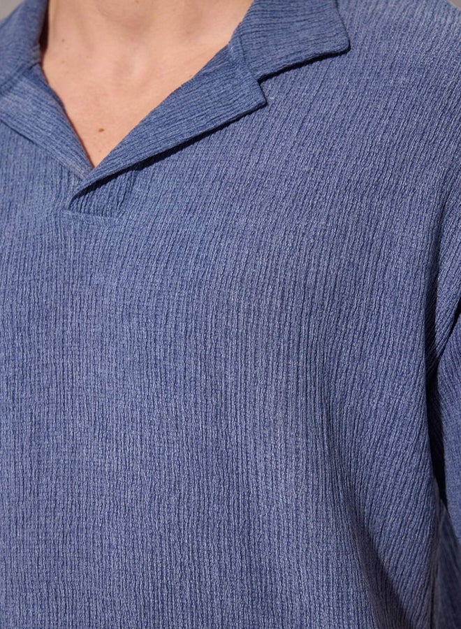 trendyol Indigo Oversize/Wide Cut Textured Knitted Polo Neck T-shirt - Image 3