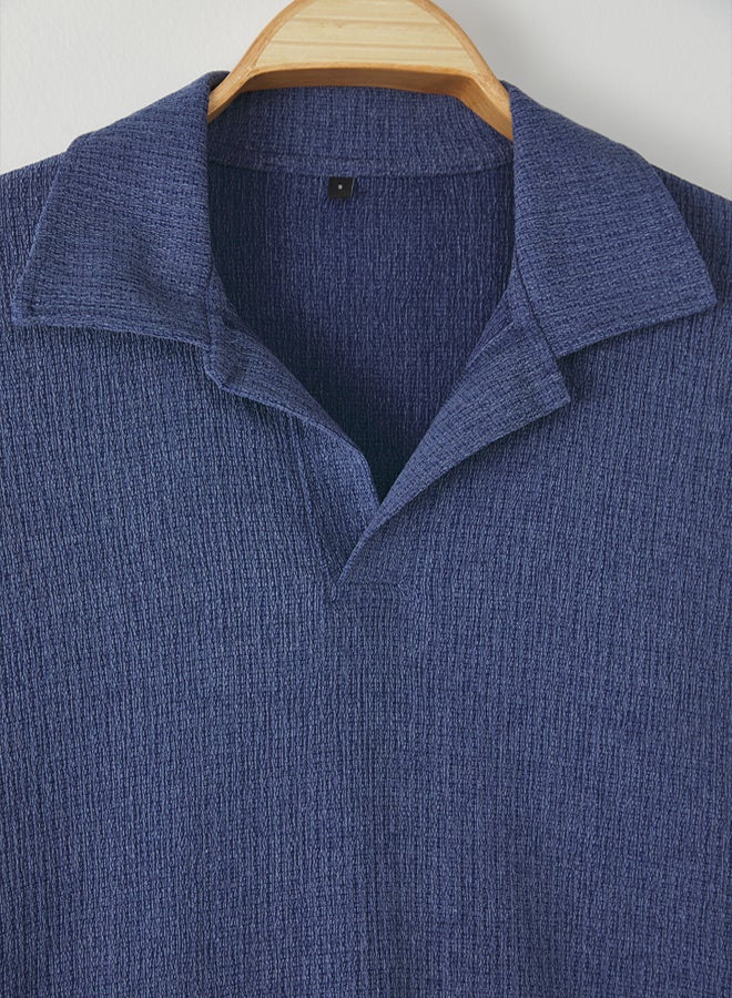 trendyol Indigo Oversize/Wide Cut Textured Knitted Polo Neck T-shirt - Image 5