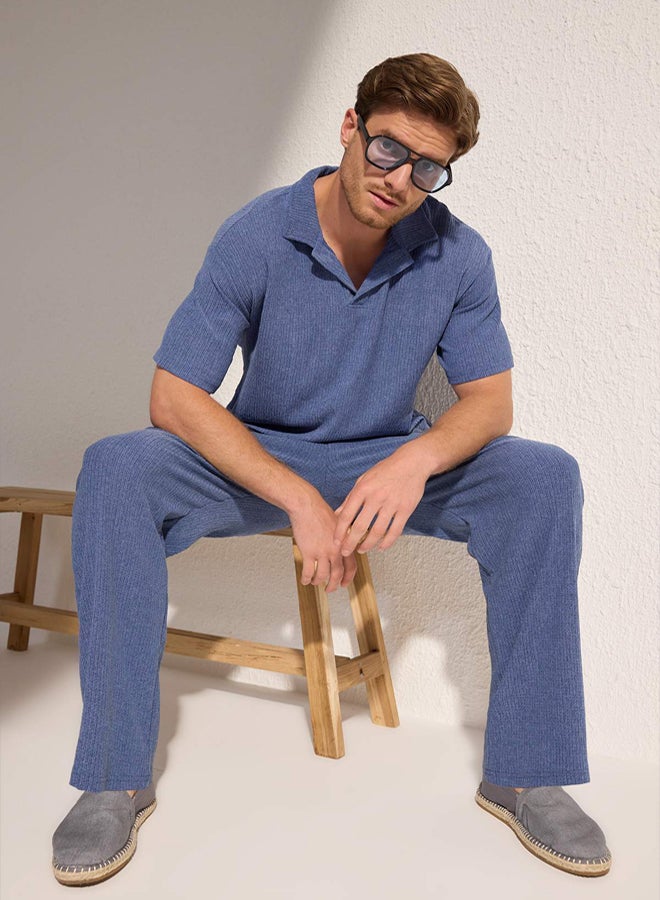 trendyol Indigo Oversize/Wide Cut Textured Knitted Polo Neck T-shirt - Image 1