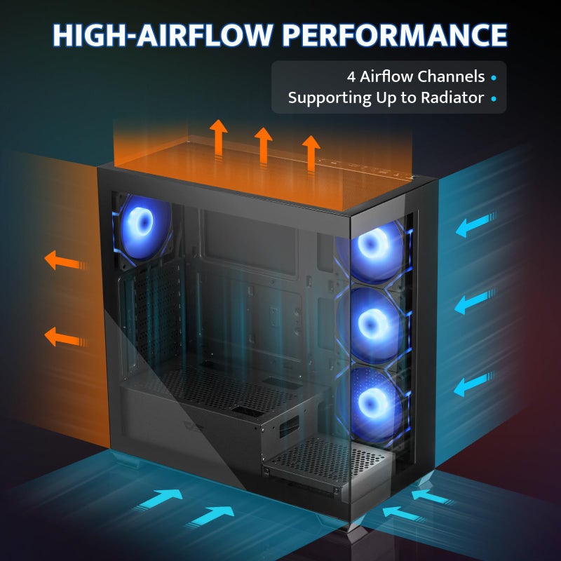 darkFlash ATX Mid-Tower PC Case, Pre-Install 4 PWM ARGB Fans Computer Case, Full View Dual Tempered Glass Gaming PC Case, Type C Port, Supports up to 360mm Water Cooling Radiator, Black(DS900) - Image 4