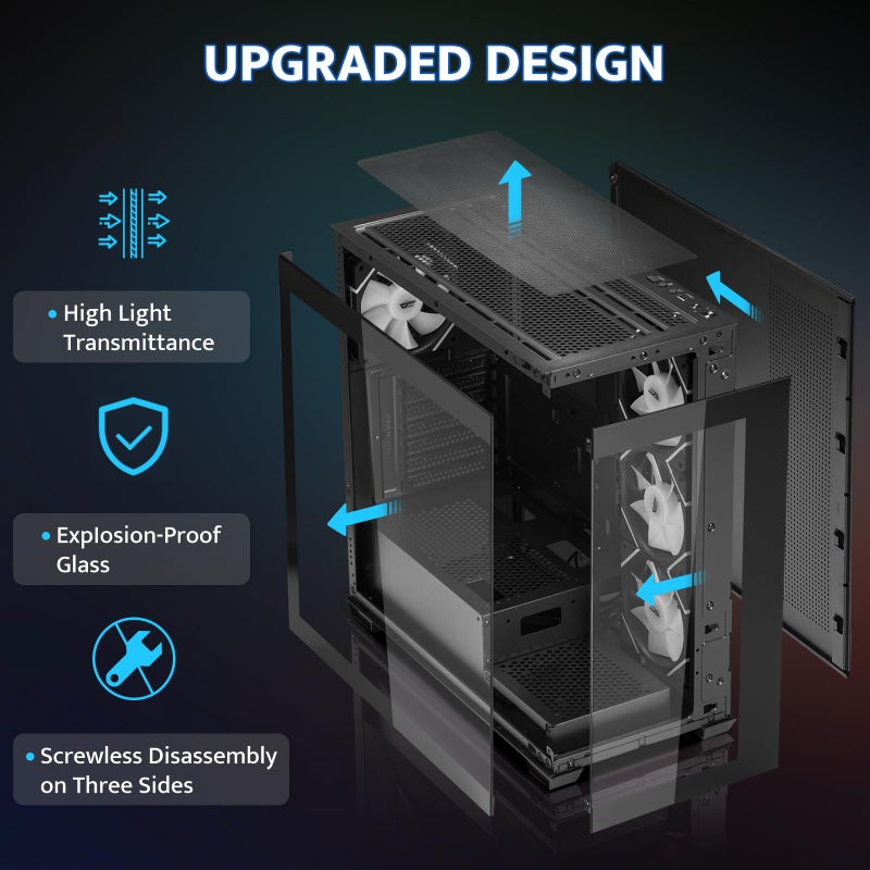 darkFlash ATX Mid-Tower PC Case, Pre-Install 4 PWM ARGB Fans Computer Case, Full View Dual Tempered Glass Gaming PC Case, Type C Port, Supports up to 360mm Water Cooling Radiator, Black(DS900) - Image 3