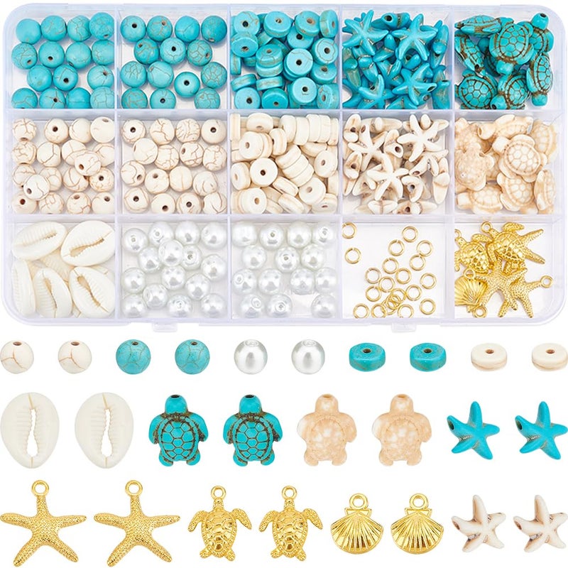 SUNNYCLUE 1 Box 292Pcs Sea Turtle Beads Seashell Starfish Beads Lucky Turquoise Spacers Ocean Summer Hawaii Sea Animal Shell Charms for Jewelry Making Beading Kits Women Adult Gift Supplies