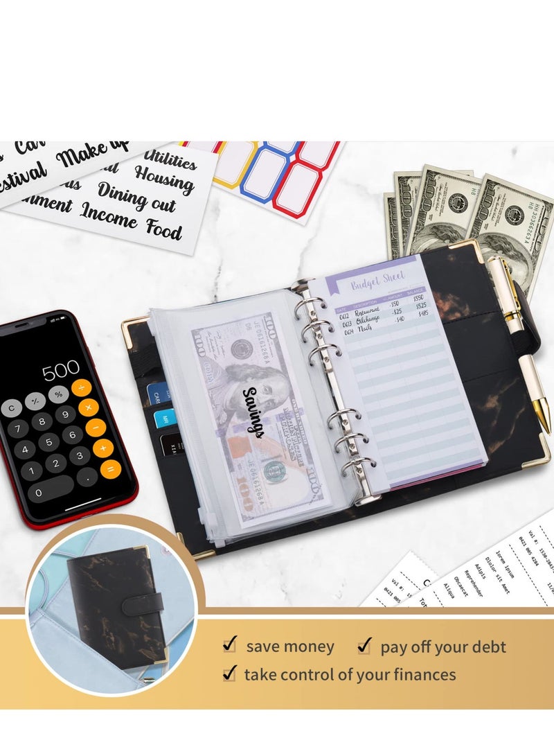 Budget Binder Cash Envelopes for Budgeting Money Organizer for Cash 28Pcs Budget Binder with Cash Envelopes Marble 6-Ring Money Saving Binder (Black) - Image 5