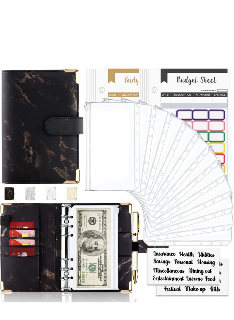 Budget Binder Cash Envelopes for Budgeting Money Organizer for Cash 28Pcs Budget Binder with Cash Envelopes Marble 6-Ring Money Saving Binder (Black) - Image 1