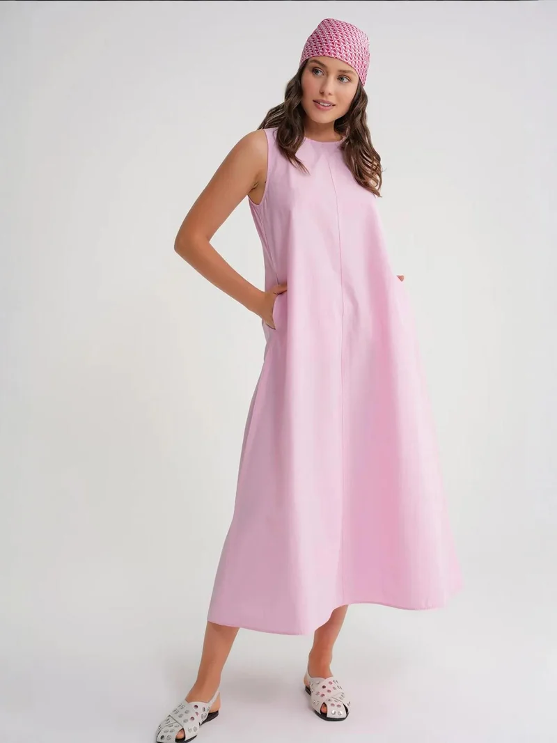 MixRay Powder Pink Mixray Relaxed Fit Maxi Dress with Pockets for Women | Best Price UAE