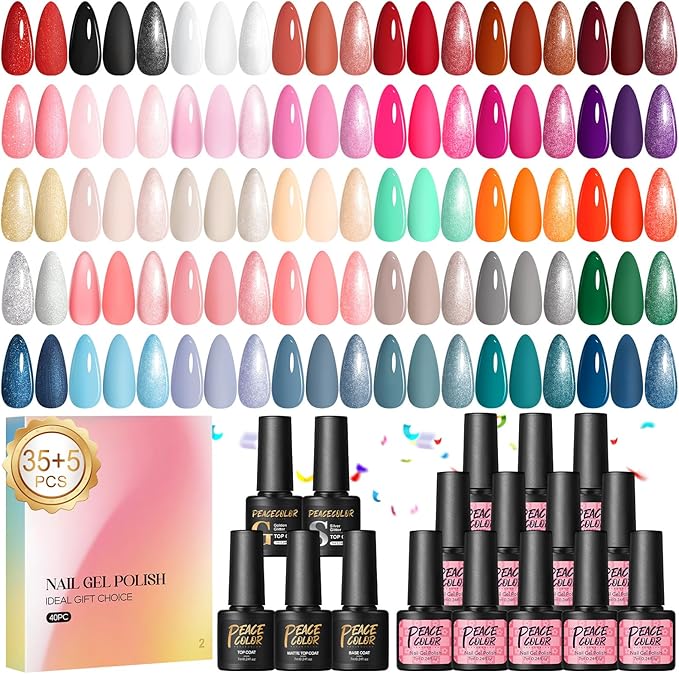 PEACECOLOR 60PCS Gel Nail Polish Set Gel Nail Polish Starter Kit White Nude Glitter Red Colours with Base Coat and Glitter Matte Glossy Top Coat Manicure Kit DIY Home Gifts for Women - Image 1