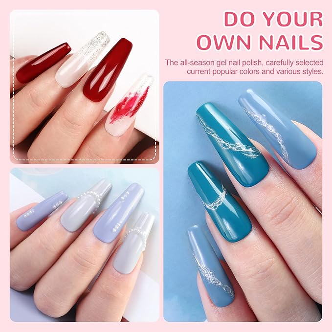 PEACECOLOR 60PCS Gel Nail Polish Set Gel Nail Polish Starter Kit White Nude Glitter Red Colours with Base Coat and Glitter Matte Glossy Top Coat Manicure Kit DIY Home Gifts for Women - Image 3